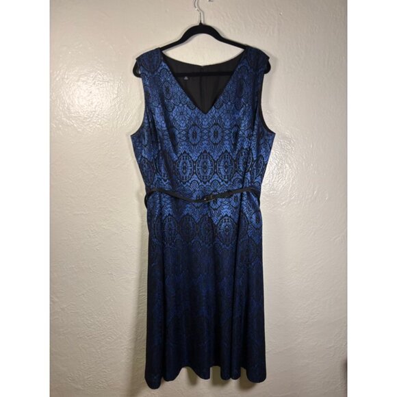 Jones New York Sz 18 Blue Dres w Black Lace Overlay, Lined Sleeveless Belt NYE - Picture 1 of 9